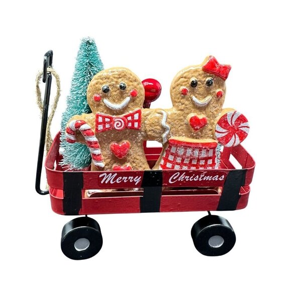 New Gingerbread Boy Girl Ornament Wagon Cart Miniature Christmas Holiday Decor - Picture 11 of 11